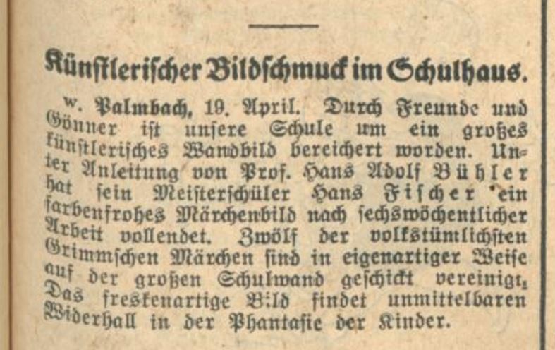 Karlsruher Tagblatt 1929: Wandbild in der Schule Palmbach, Hans Fischer-Schuppach Karlsruher Tagblatt 1929: Wandbild in der Schule Palmbach, Hans Fischer-Schuppach